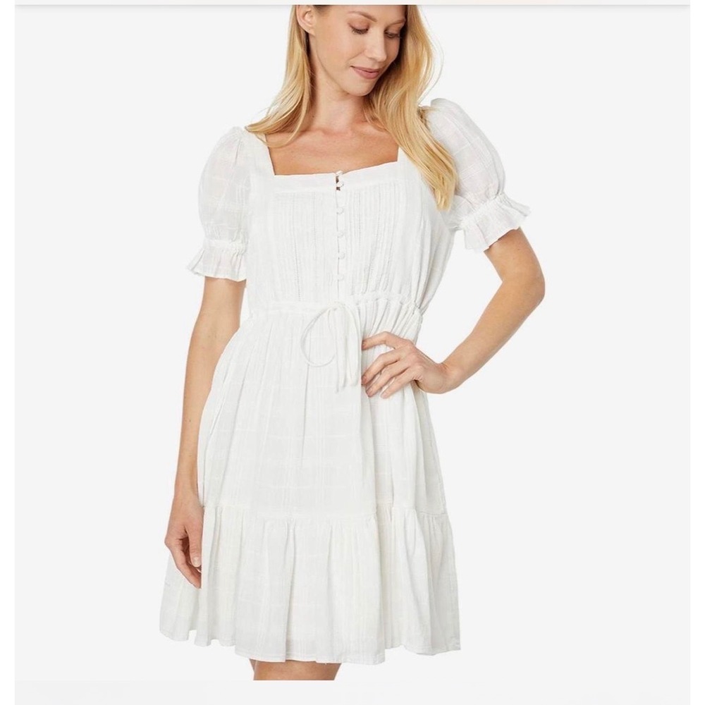 Madewell White Dobby Cotton Plaid Puff Sleeve Mini Dress Square Neck Medium